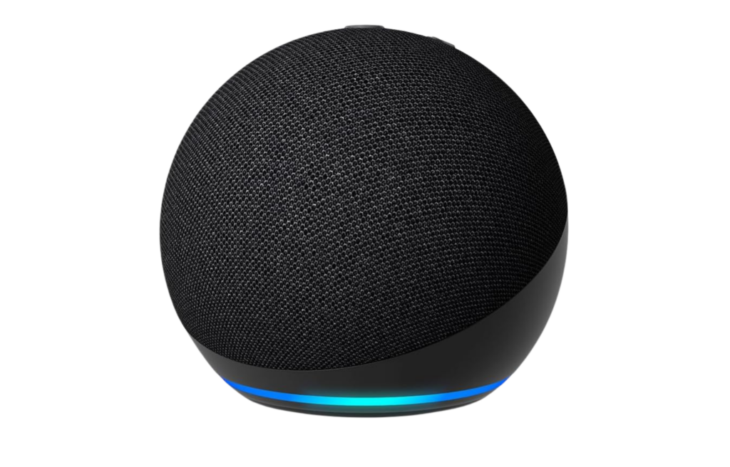 Amazon Echo Dot smart speaker in black with a compact spherical design and LED light ring, featuring Alexa voice control.