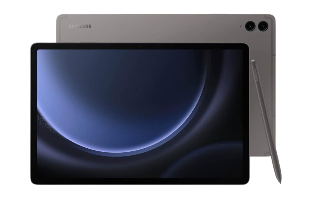 Samsung Galaxy Tab S9 tablet shown from front and back with S Pen, featuring a large immersive display and sleek design.