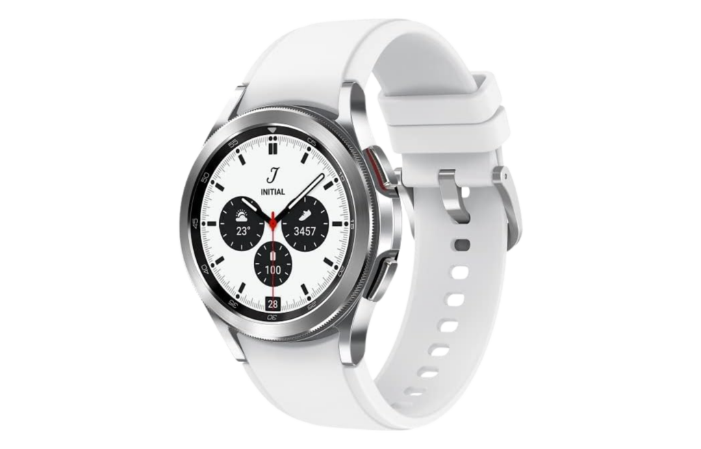 Samsung Galaxy Watch 4 with a white strap and round digital display, showing fitness and health tracking features.