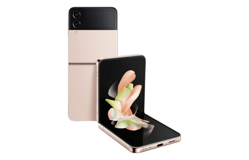 Samsung Galaxy Z Flip smartphone shown folded and unfolded, highlighting its compact foldable design and display.