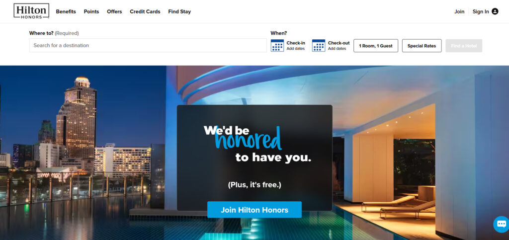 Hilton Honors homepage with hotel search, join offer, and city skyline by a rooftop pool.