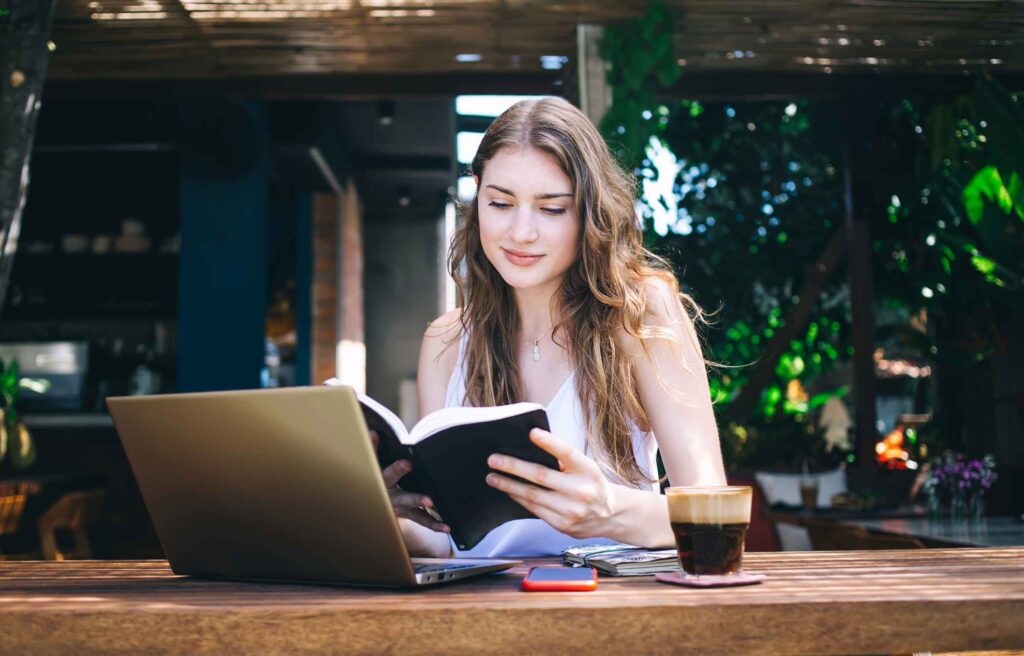 Women Reading Book with Black Coffee