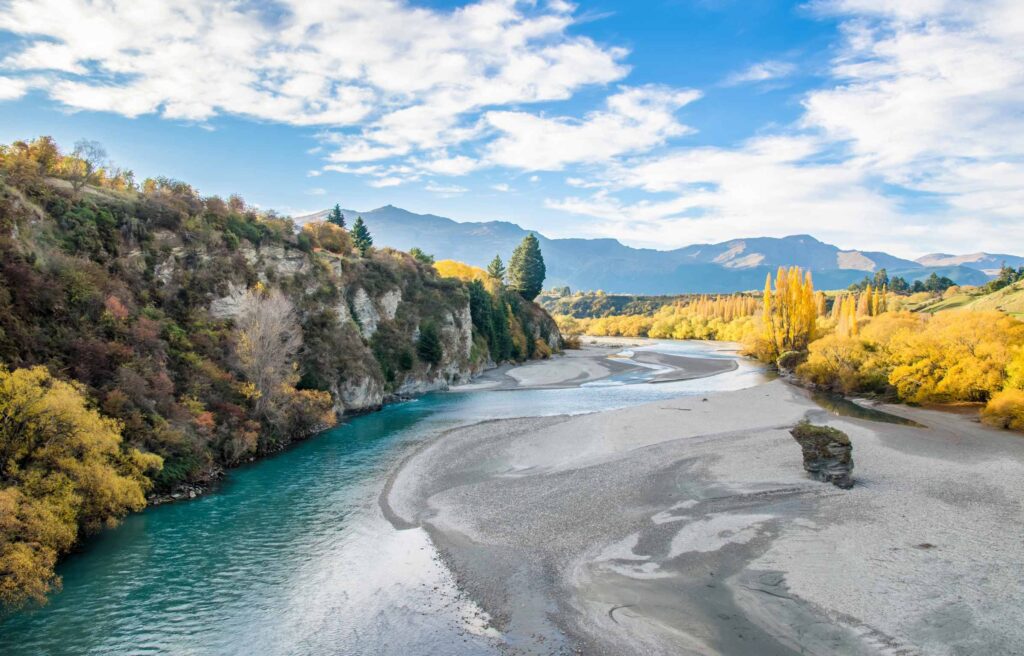 Beautiful view from the Historic Bridge over Shotover River in Arrowtown, New Zealand