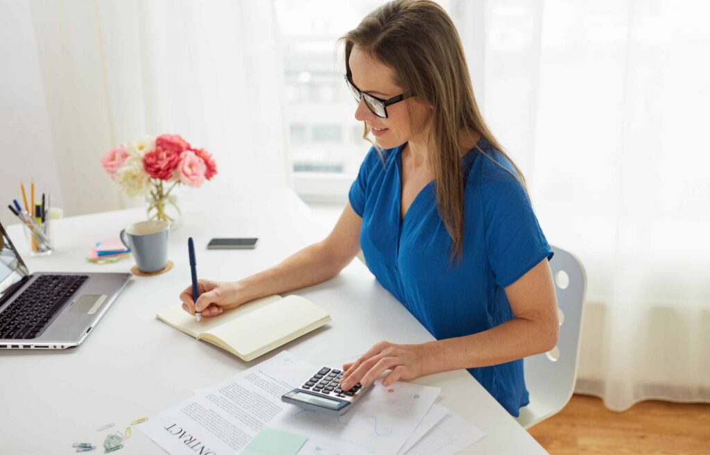 Blue Dress Girl Calculating Cost