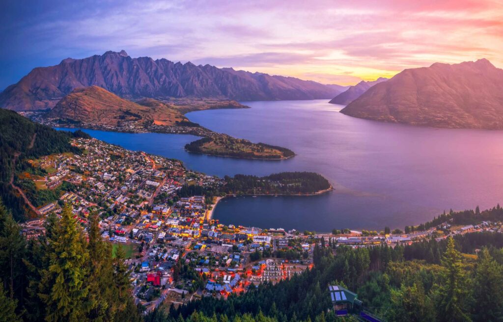 Aerial view of Queenstown downtown at twilight sunset, South Island, New Zealand