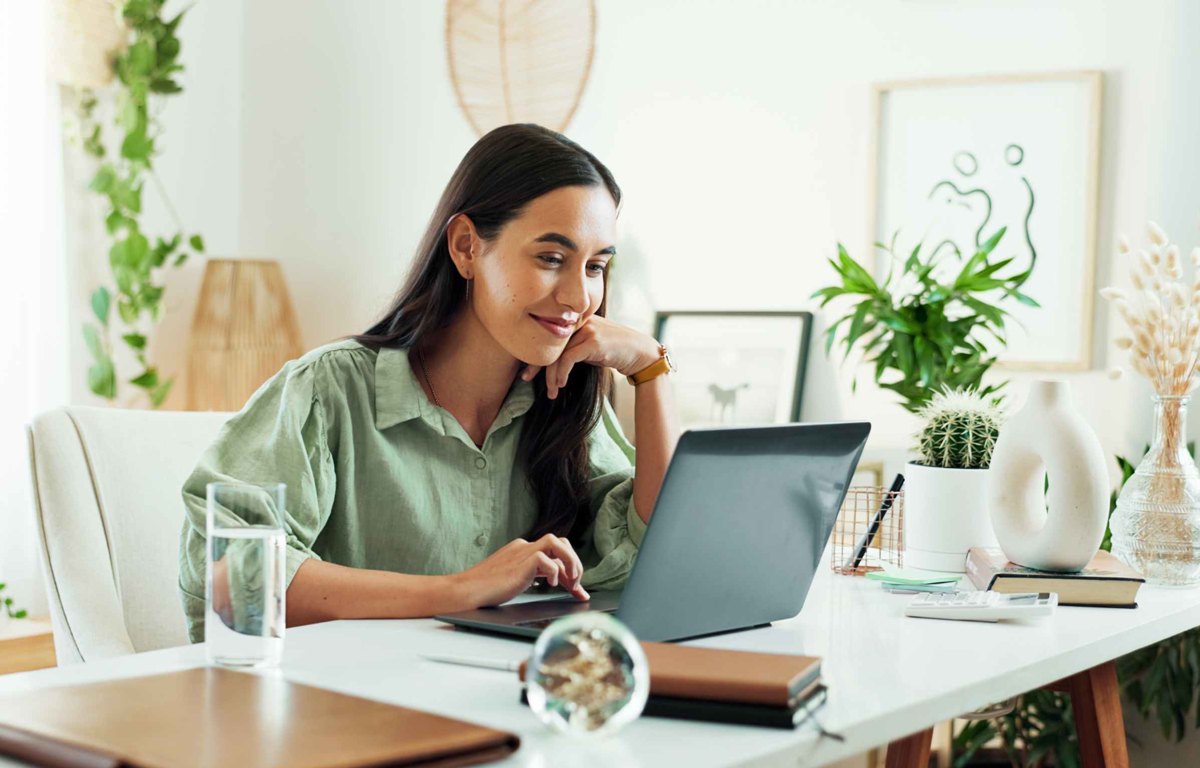 Reading, Woman and Online with Laptop, Smile and Planning for Project, Creative and Storytelling in Office. Digital, Copywriting and Person with Ideas, Professional and Article for Agency or Keyboard