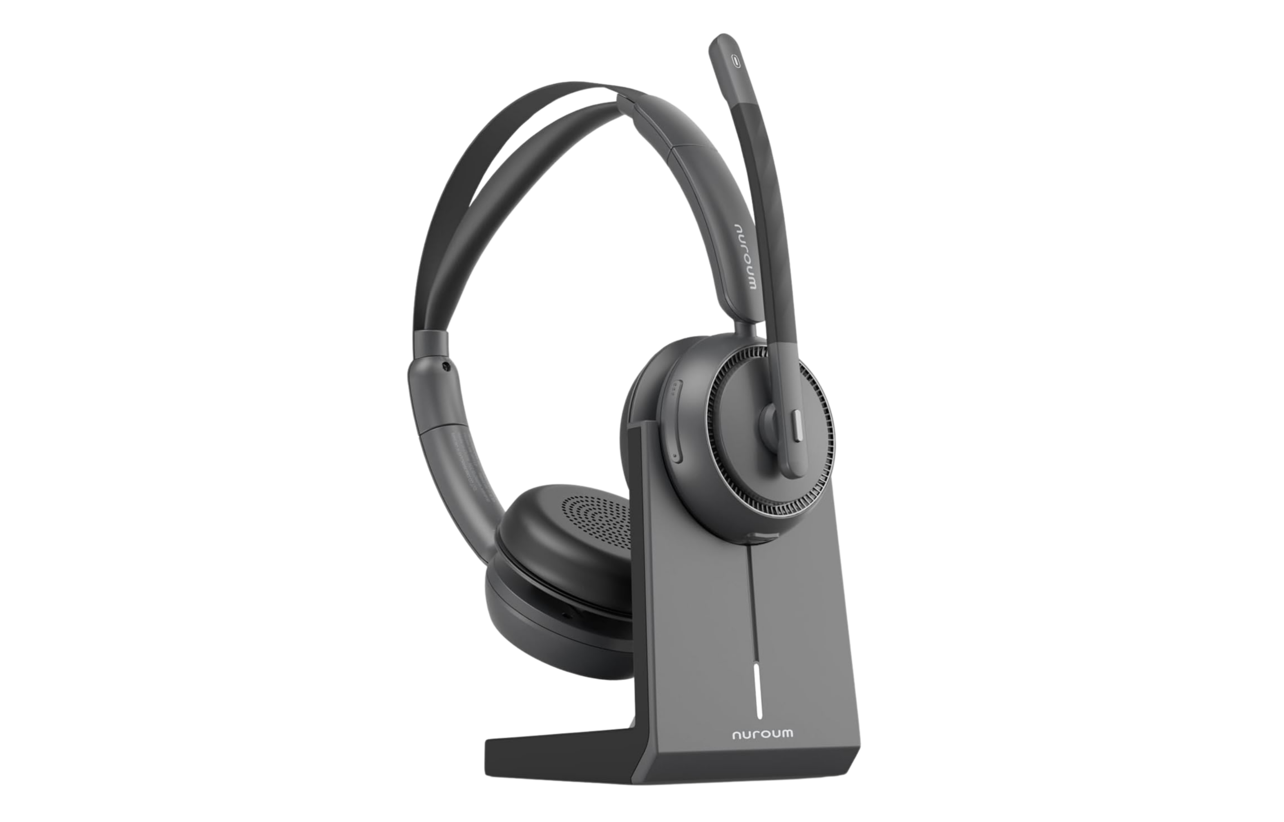 Nuroom HP31D wireless headset on charging stand, one of the best headphones for conference calls.