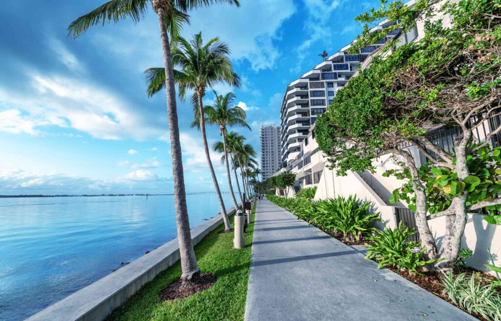 A pristine morning in Brickell Key with palm trees, water views, and refined condos, ideal for those seeking the best neighborhoods in Miami to buy a house.