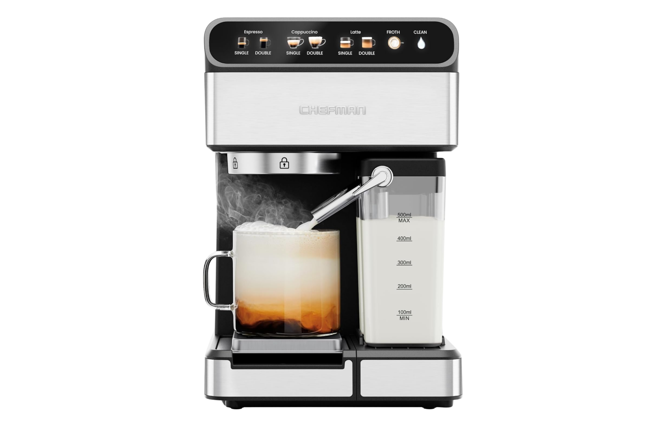 Chefman coffee maker brewing a latte, one of the best office coffee machines.