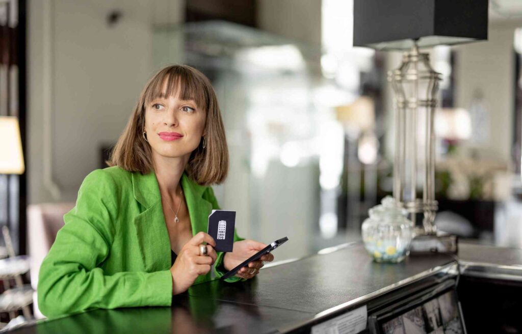 Woman at hotel check-in with key card and phone, showing the premium benefits of sonesta travel pass membership.