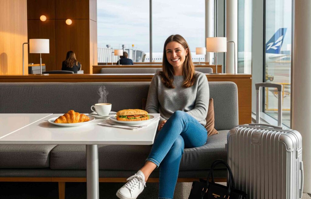 A woman smiling in an airport lounge with food, coffee, and luggage, representing modern priority pass alternatives.