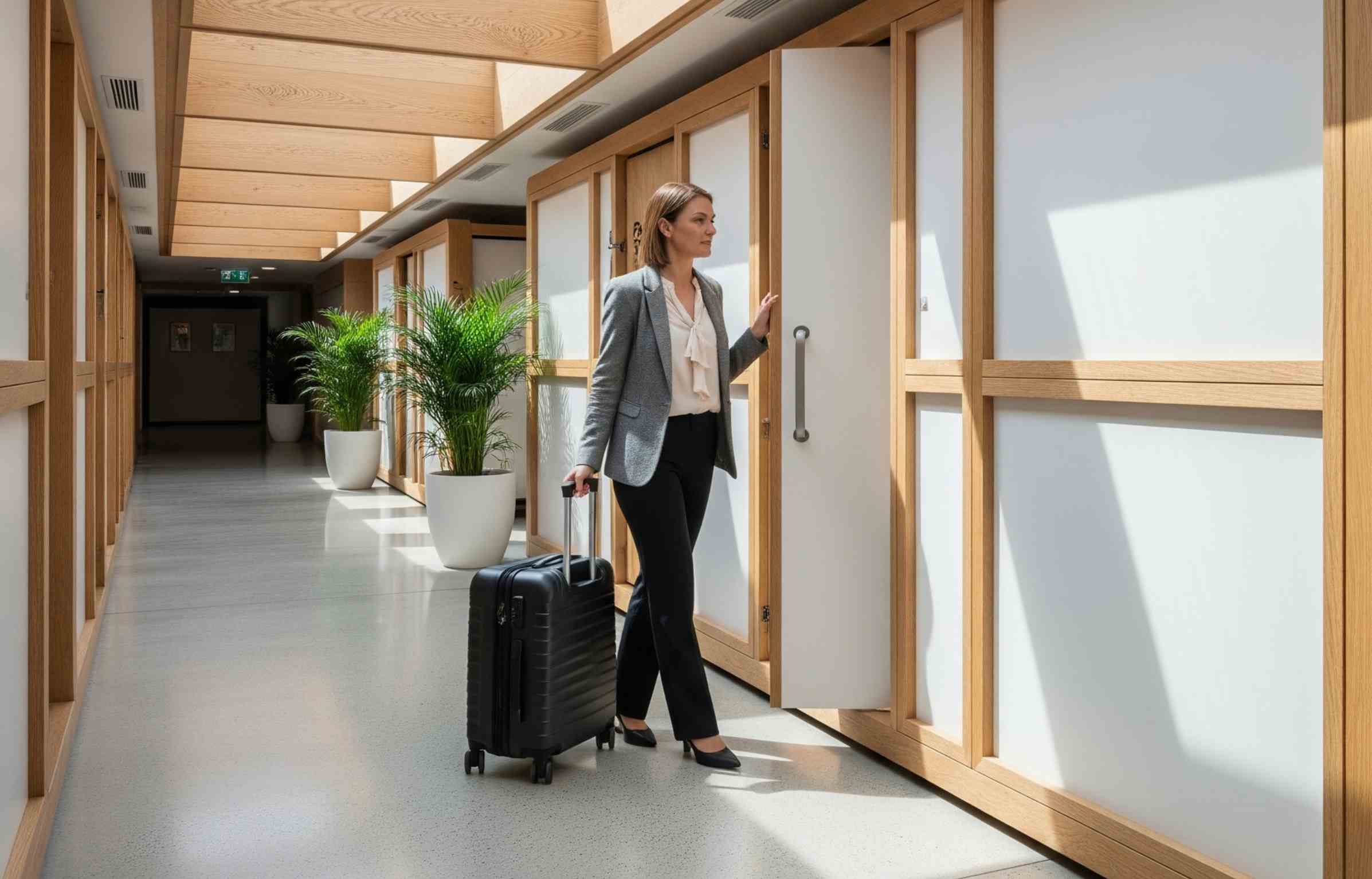 A traveller businesswoman enters the sleep n fly sleep lounge.