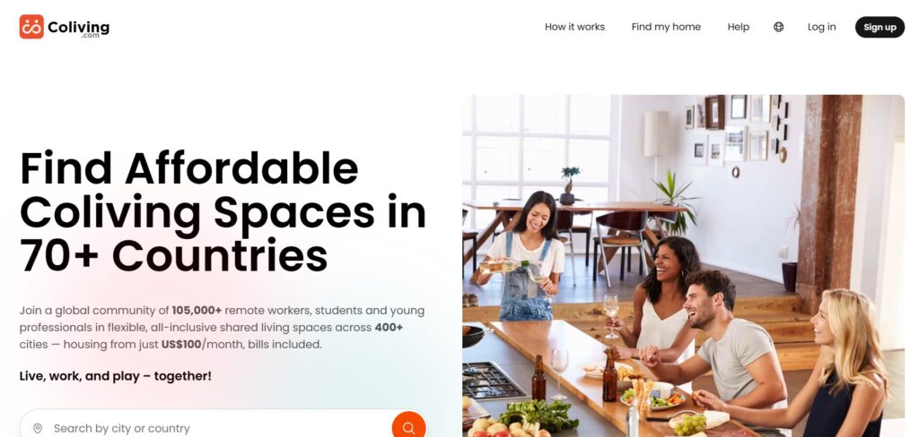 The Coliving.com homepage features affordable digital nomad rentals, showcasing young professionals dining together.