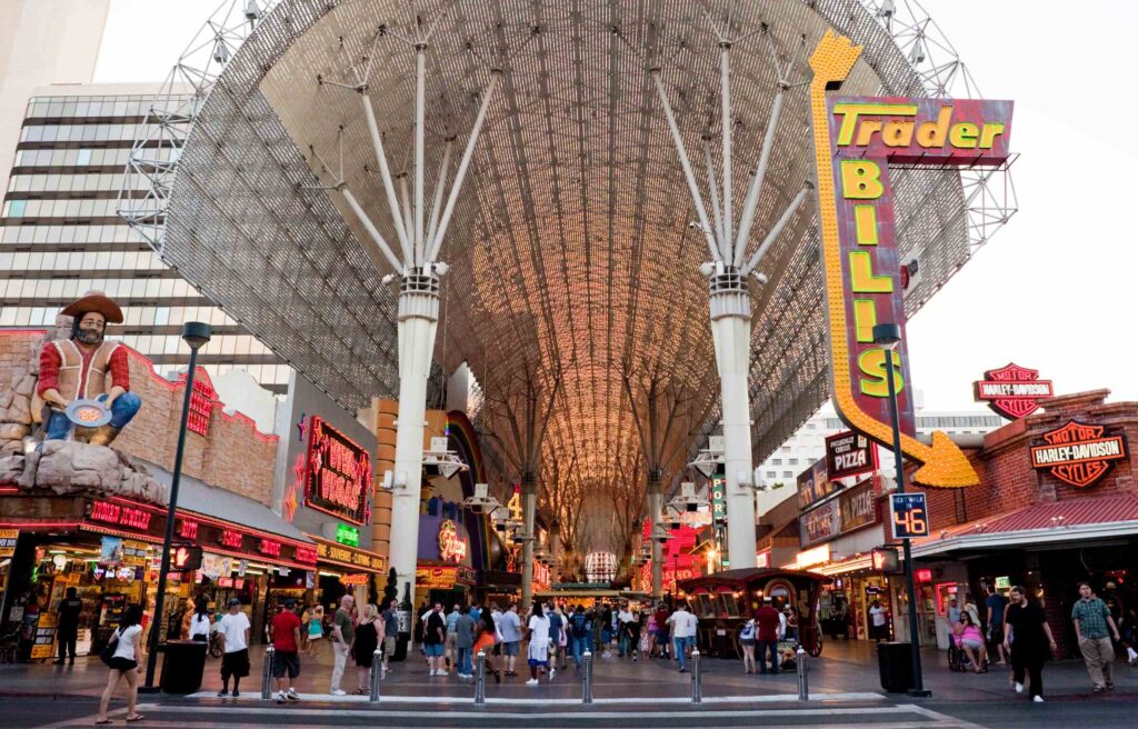Fremont Street in Las Vegas is filled with lights, signs, and crowds, highlighting vibrant city life as part of exploring the best U.S. cities for families in 2025.