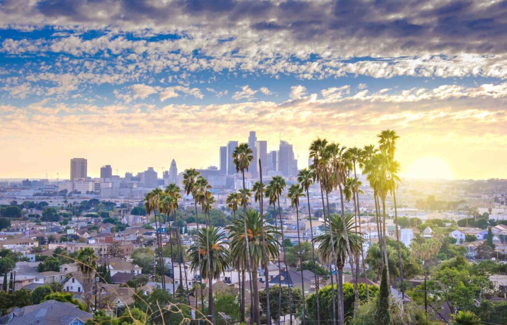 Los Angeles California skyline at sunrise with tall palm trees in the foreground.