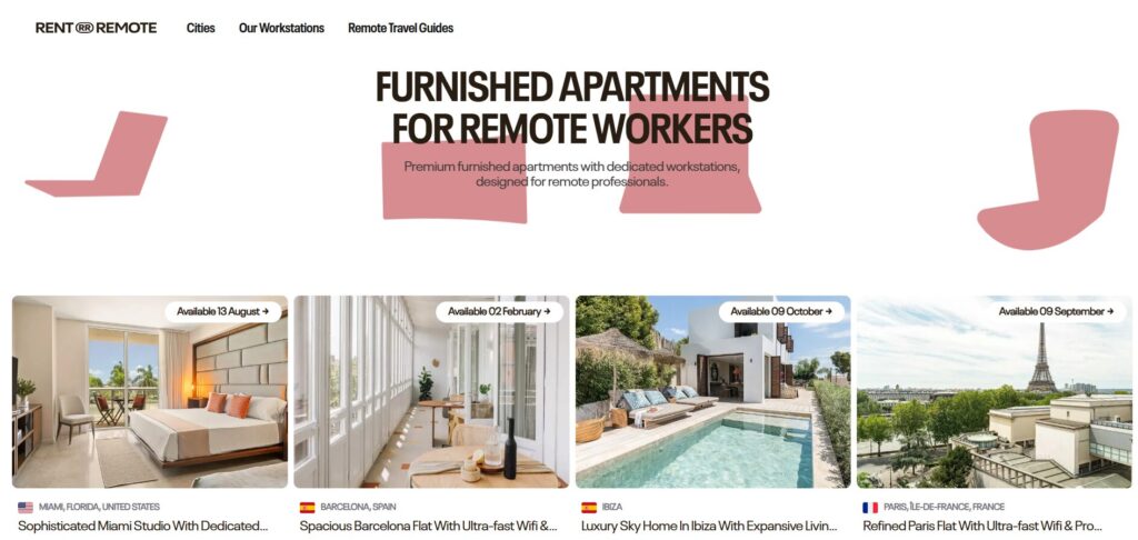 Rent Remote homepage showing furnished apartments for remote workers with images of listings in Miami, Barcelona, Ibiza, and Paris.