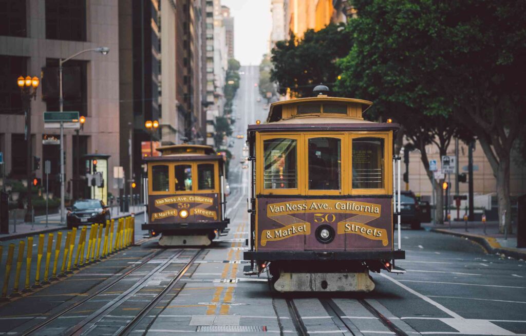 San Francisco streetcars on Market Street, highlighting the city as one of the best cities for it professionals with strong tech hubs.