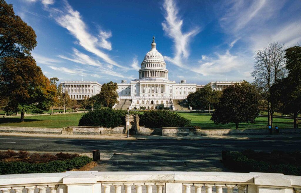 The United States Capitol building in Washington, D.C., framed by trees under a bright blue sky.