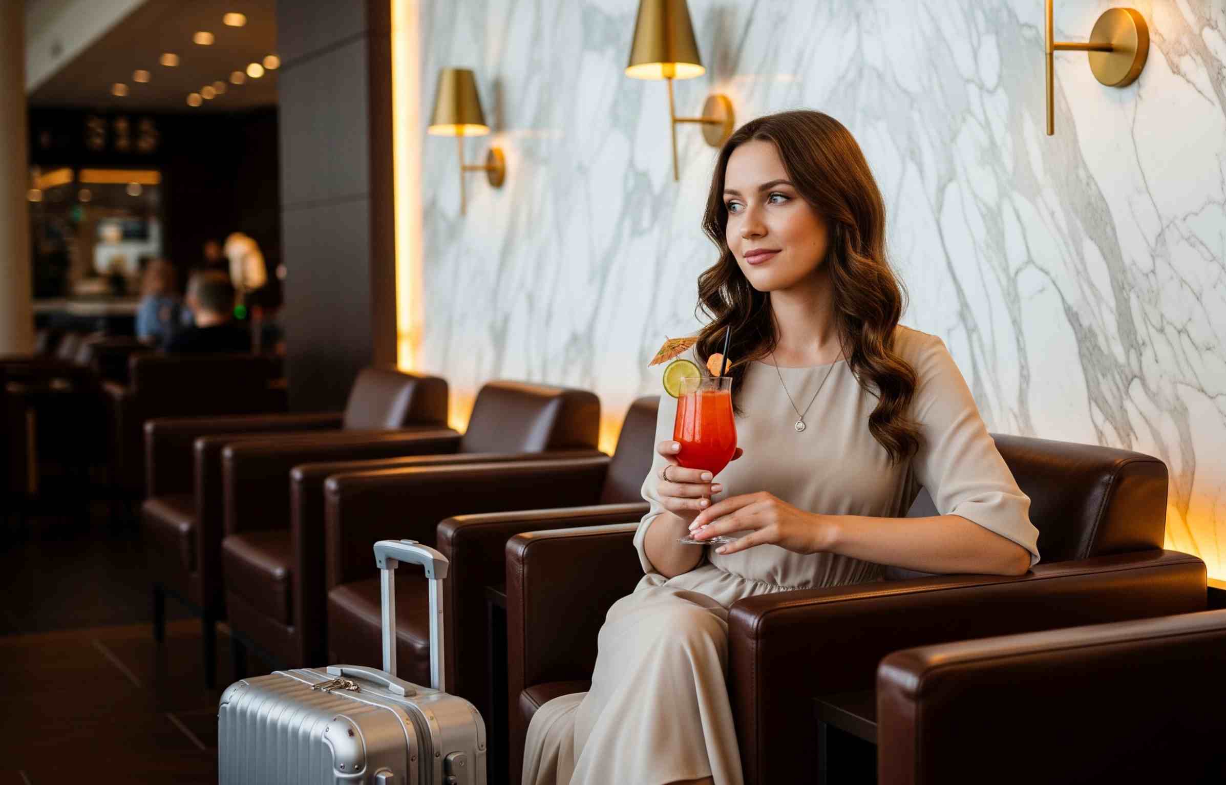 Woman relaxing in an airport lounge with a drink, enjoying perks from a travel rewards program.