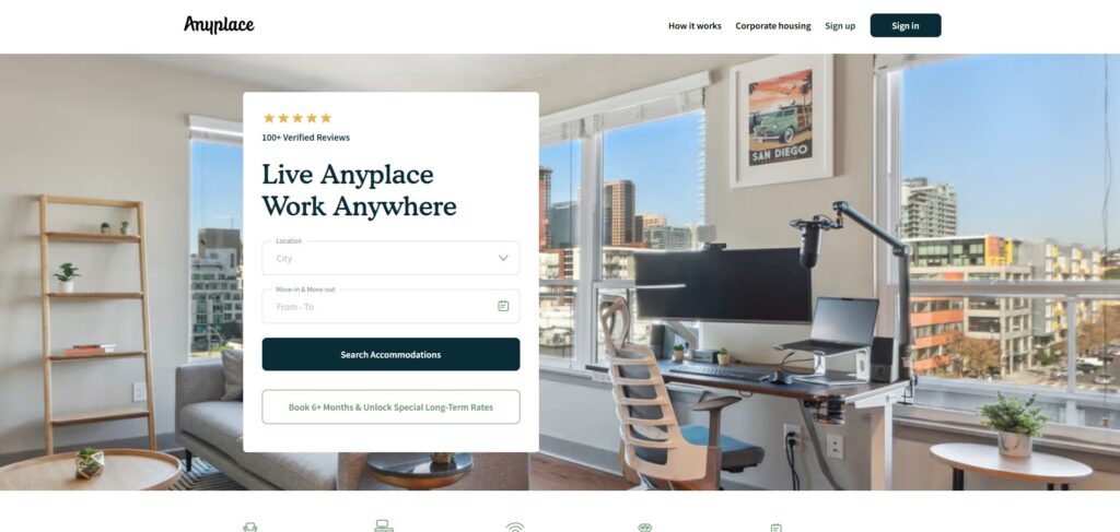 Anyplace.com homepage with modern apartment, city view, and remote work desk setup.