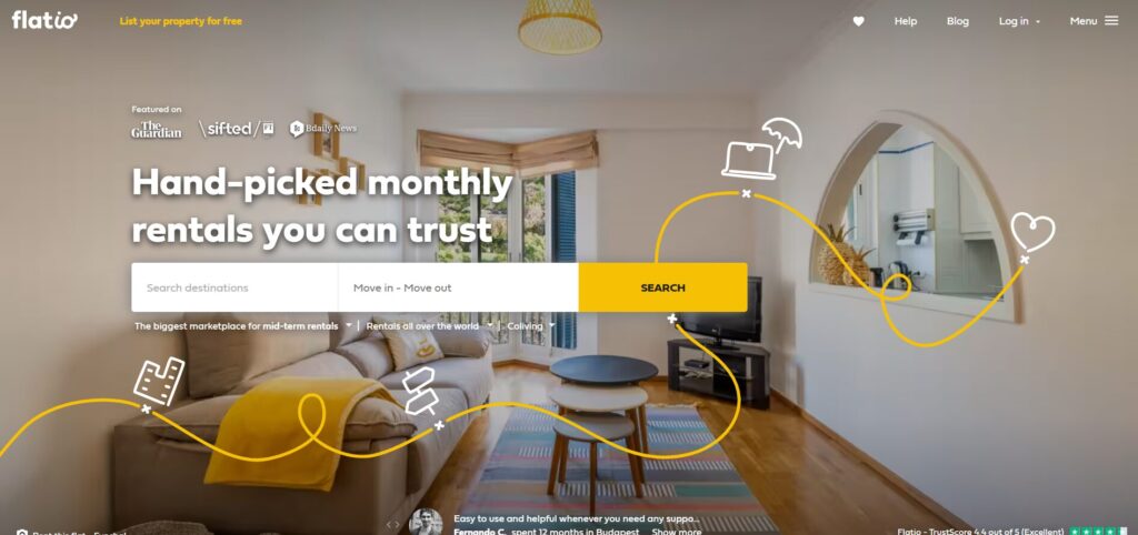 Flatio.com homepage showing a bright living room with a sofa, coffee table, and large window.