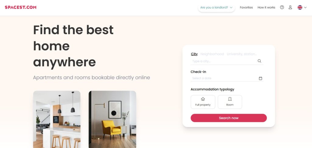 Spacest.com homepage with search form and images of modern apartment interiors.