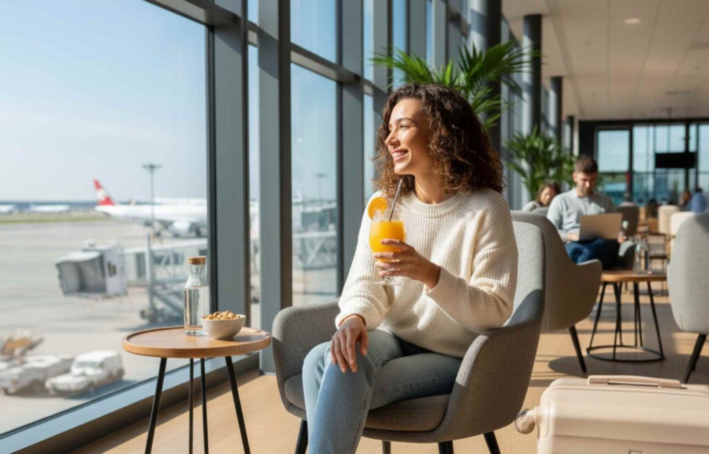A woman in a white sweater enjoying a glass of orange juice in an airport lounge after choosing to book airport lounge with dragon pass, seated by the window with planes visible outside.