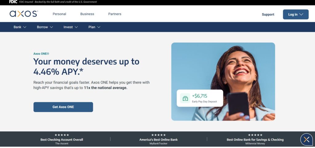 Axos Bank homepage promoting Axos ONE with up to 4.46% APY, featuring smiling woman holding a phone and highlighting high-yield savings benefits.