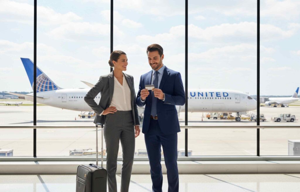 Two business travelers stand in front of large airport windows with United Airlines aircraft visible outside, holding the new united business card while preparing for their flight.