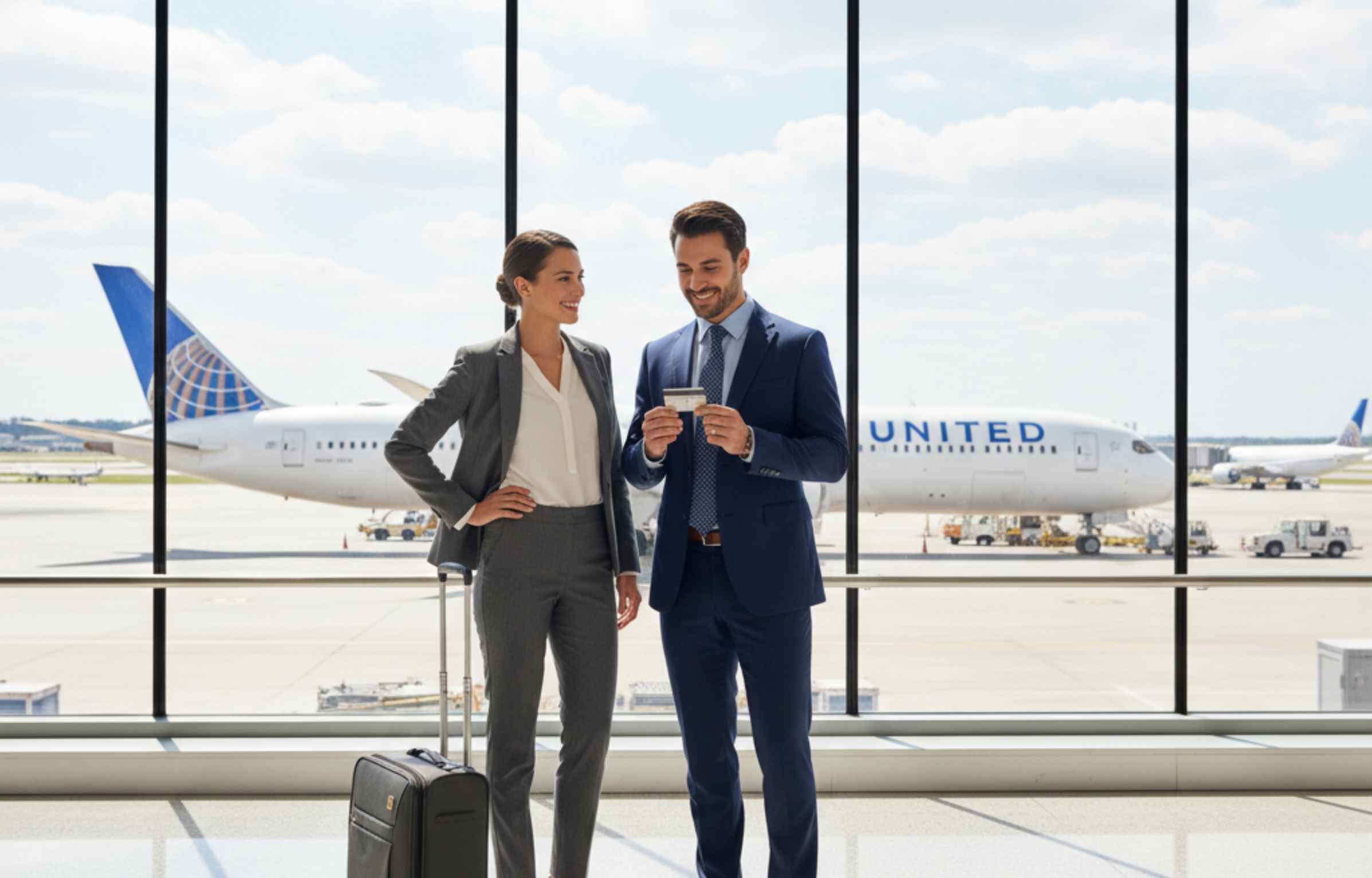 Two business travelers stand in front of large airport windows with United Airlines aircraft visible outside, holding the new united business card while preparing for their flight.