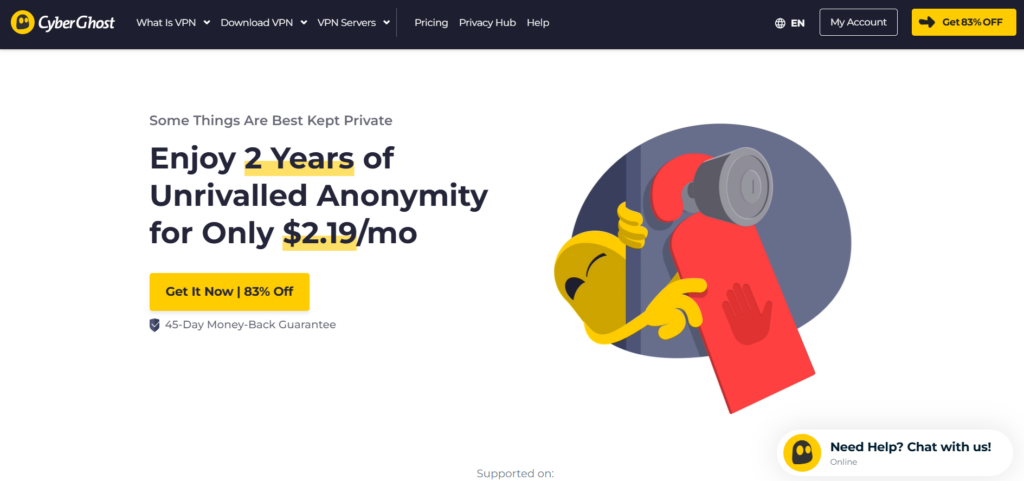 CyberGhost VPN homepage showing promotion for two-year plan with 83% discount and illustration of a character peeking behind a door lock.