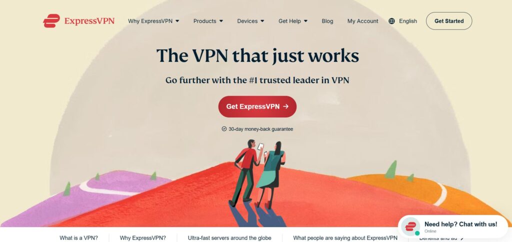 ExpressVPN homepage with illustration of two people standing on a path, highlighting the slogan ‘The VPN that just works.’