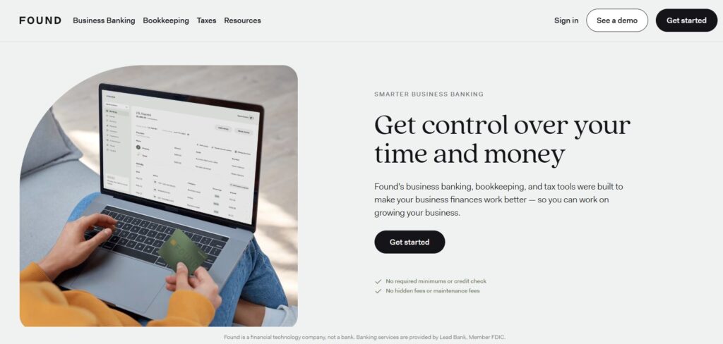 Found homepage showing digital banks for small business with account dashboard and debit card for managing cash flow.