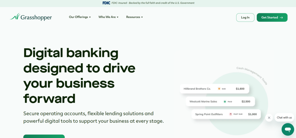 Grasshopper homepage showcasing digital banking services designed to support business growth with secure accounts, lending solutions, and cash management tools.