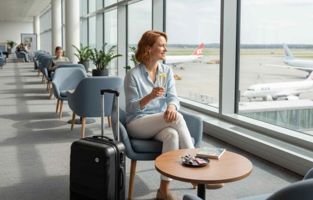 A woman in a light blue shirt sitting in an airport lounge, smiling while holding a glass of champagne, with her suitcase beside her and airplanes visible through the large window.