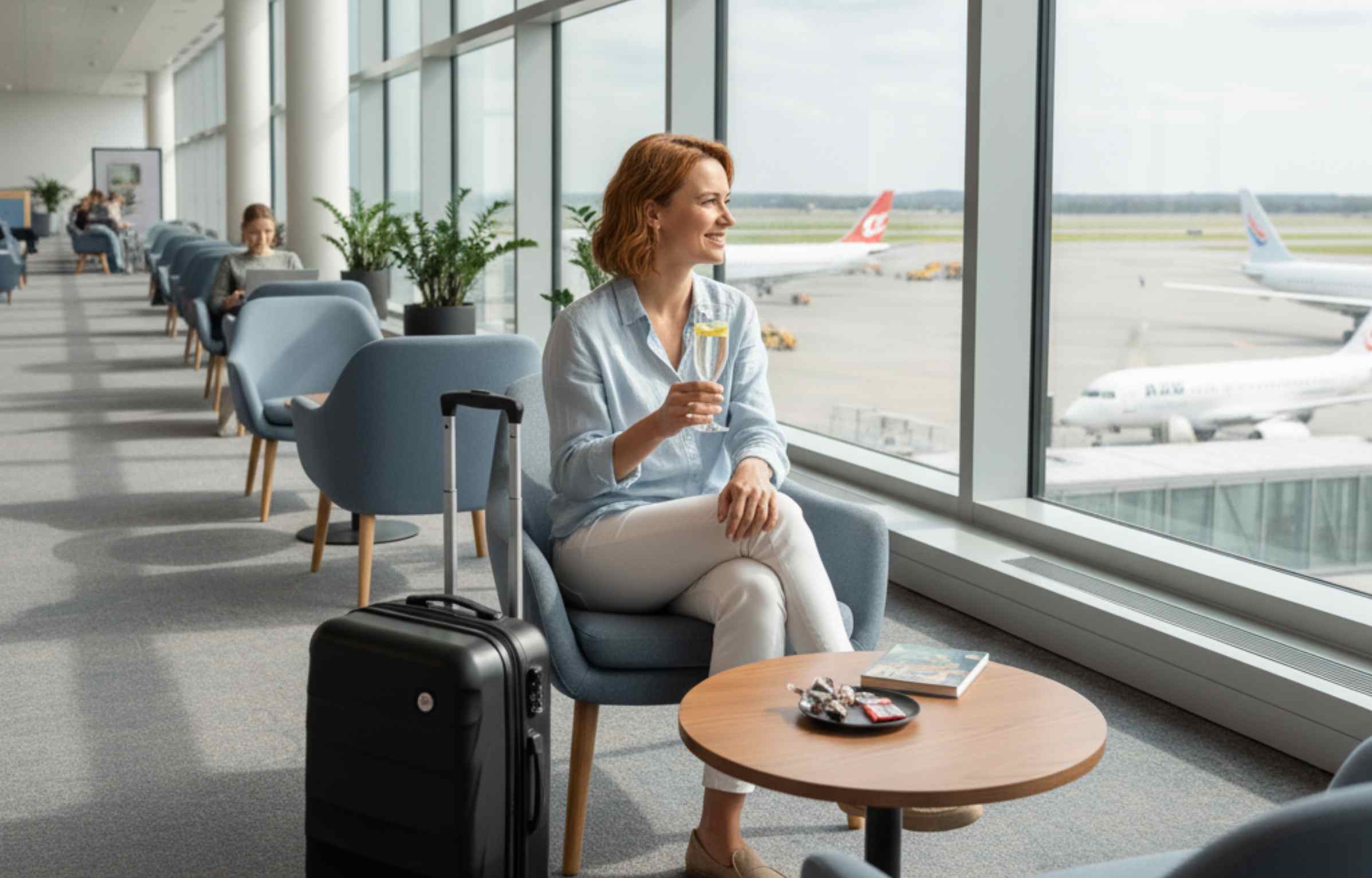 A woman in a light blue shirt sitting in an airport lounge, smiling while holding a glass of champagne, with her suitcase beside her and airplanes visible through the large window.