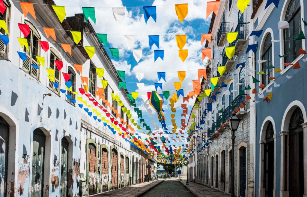 Colorful street decorations in the historic city of São Luís, Maranhão State, Brazil, symbolizing cultural vibrancy and the everyday life that attracts many pursuing brazil permanent residency.