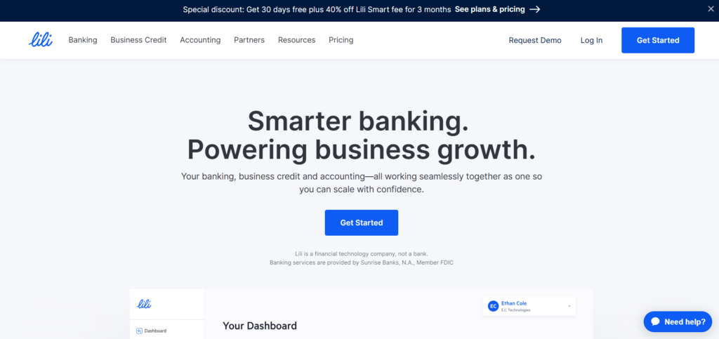 Lili homepage highlighting smarter banking with business credit and accounting tools designed to power small business growth.