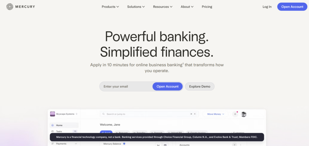Mercury homepage highlighting powerful online business banking with simplified finances and a quick 10-minute account application.