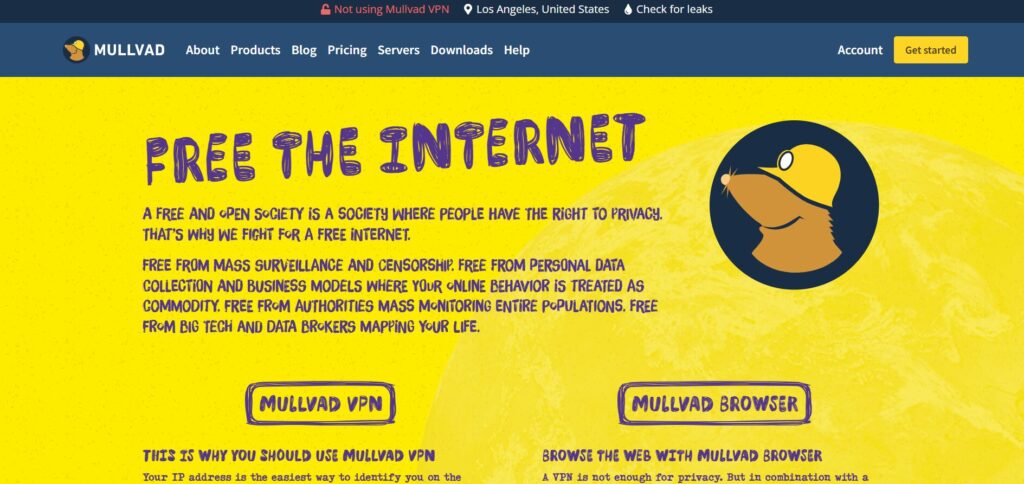Mullvad VPN homepage with yellow background, privacy slogan ‘Free the Internet,’ and illustrated mole logo.