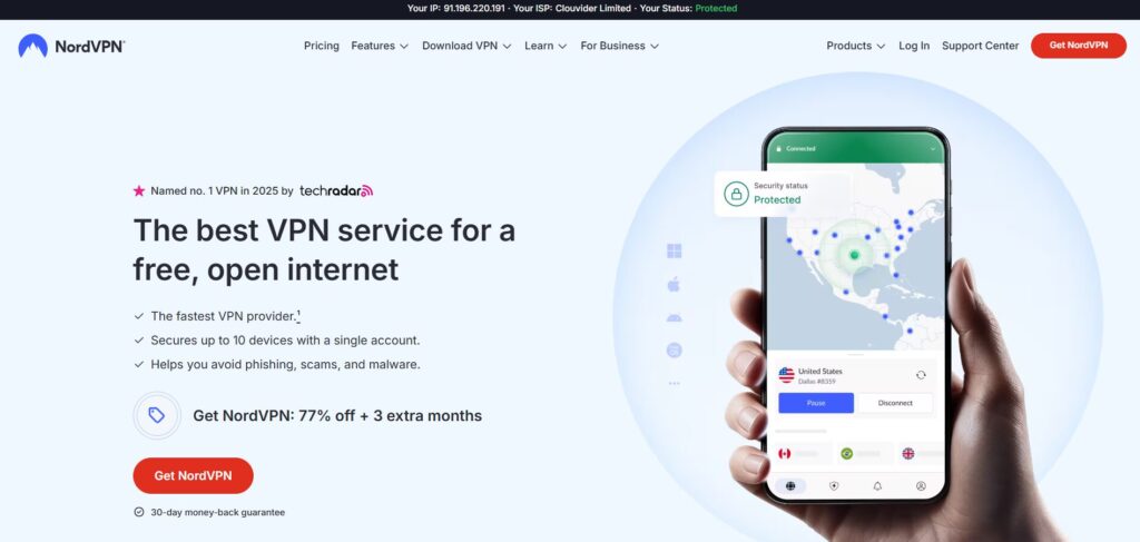 NordVPN homepage showing mobile app interface with global server map, promoted as the best vpn for digital nomads.