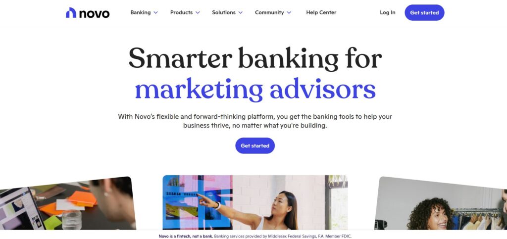 Novo homepage promoting smarter banking for marketing advisors with flexible tools to help businesses grow and thrive.