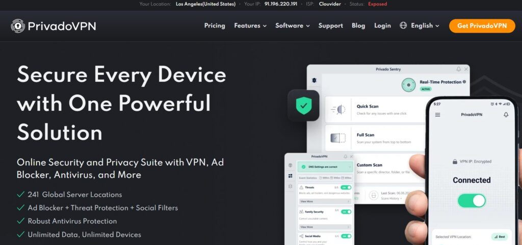 PrivadoVPN homepage showing secure browsing with real-time protection and unlimited device support on desktop and mobile.