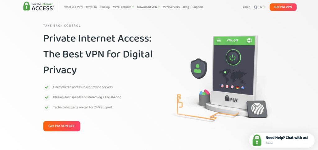 Private Internet Access homepage highlighting VPN on-screen interface with features like unrestricted global access, fast streaming speeds, and 24/7 support.