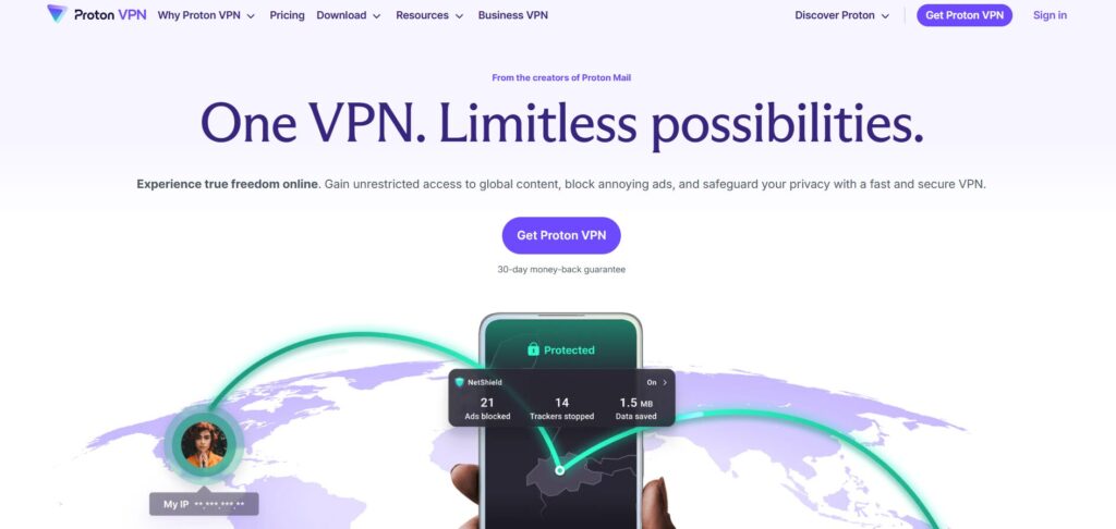 Proton VPN homepage with slogan ‘One VPN. Limitless possibilities’ and mobile app interface showing protected connection with ads and trackers blocked.