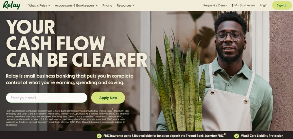 Relay homepage showing cash flow management message with a smiling entrepreneur holding a plant.