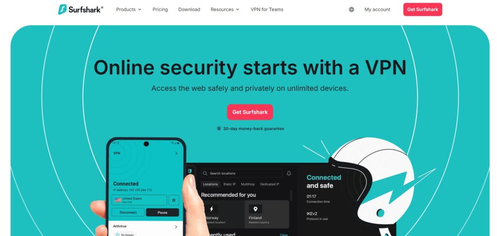 Surfshark homepage showing VPN app interface with a hand holding a connected device.