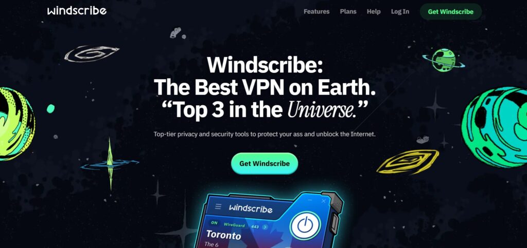 Windscribe VPN homepage with galaxy-themed background and slogan ‘The Best VPN on Earth, Top 3 in the Universe.’