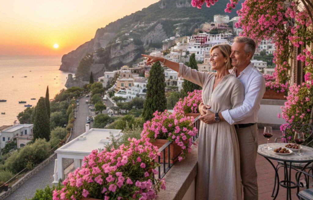 A retired American couple enjoys a sunset on the Amalfi Coast, showing the comfort and charm of the italy retirement visa for us citizens.