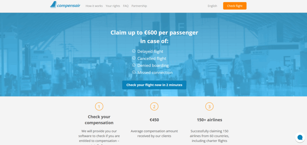 Compensair homepage offering up to €600 compensation for delayed, canceled, or missed flights.